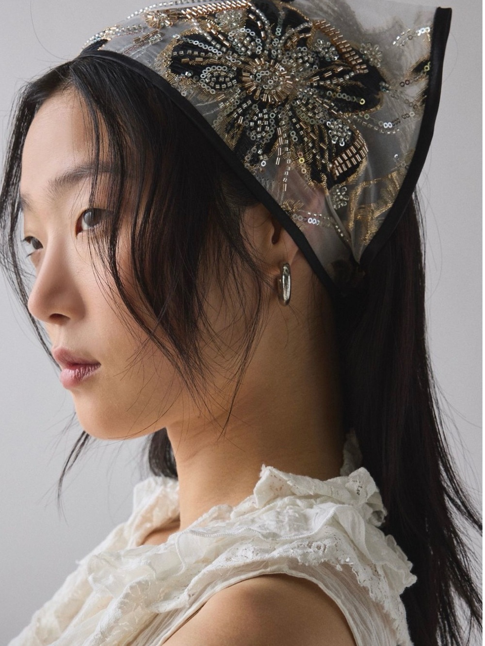 Urban Outfitters Black & Gold Sequin Floral Headscarf